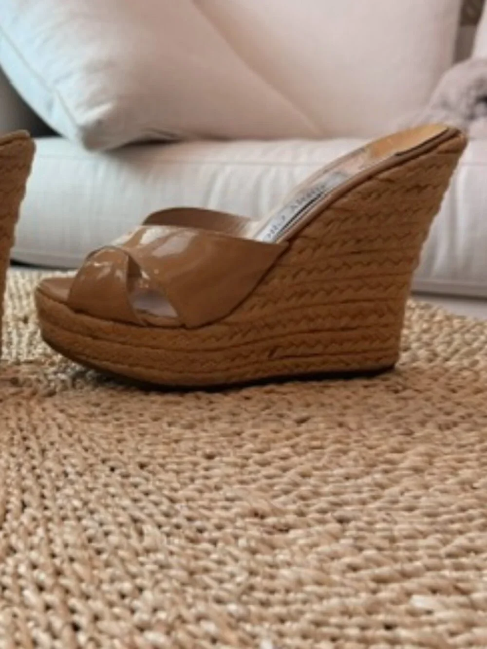 Jimmy Choo Tan Patent Leather Raffia Wedges, 35